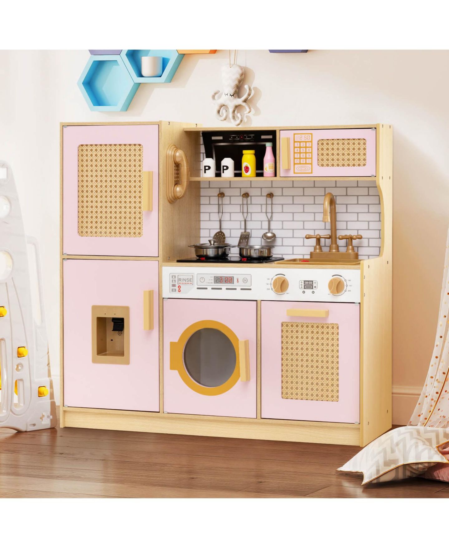 Детские игрушки Costway Interactive Lights and Sounds Wooden Kitchen Playset, 5-Piece Set, Ages 3+, цвет: Розовый — фото 3