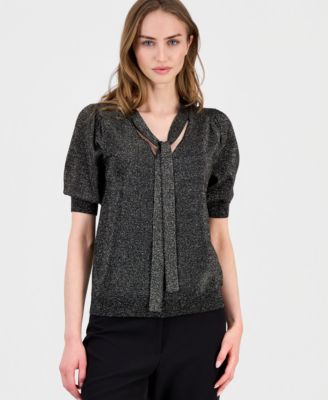 T Tahari - Women's Tie-Neck Elbow-Sleeve Metallic Top