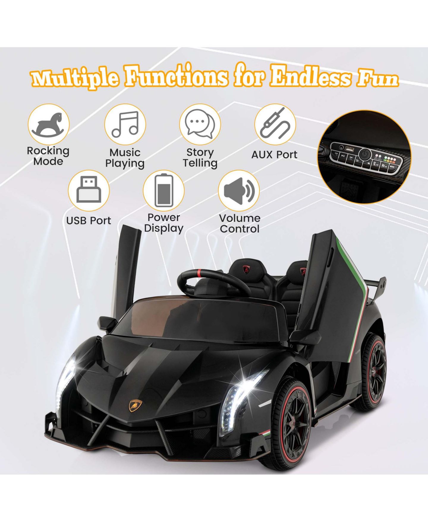 Детская игрушка Costway Licensed Lamborghini 4WD 12V Electric Kids Ride-On Car (24"W x 44"D x 18"H), 66 lb. Capacity, Ages 3-8, цвет: Чёрный — фото 6