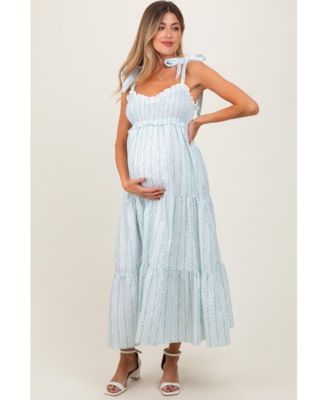 Maternity Floral Striped Smocked Shoulder Tie Maxi Dress