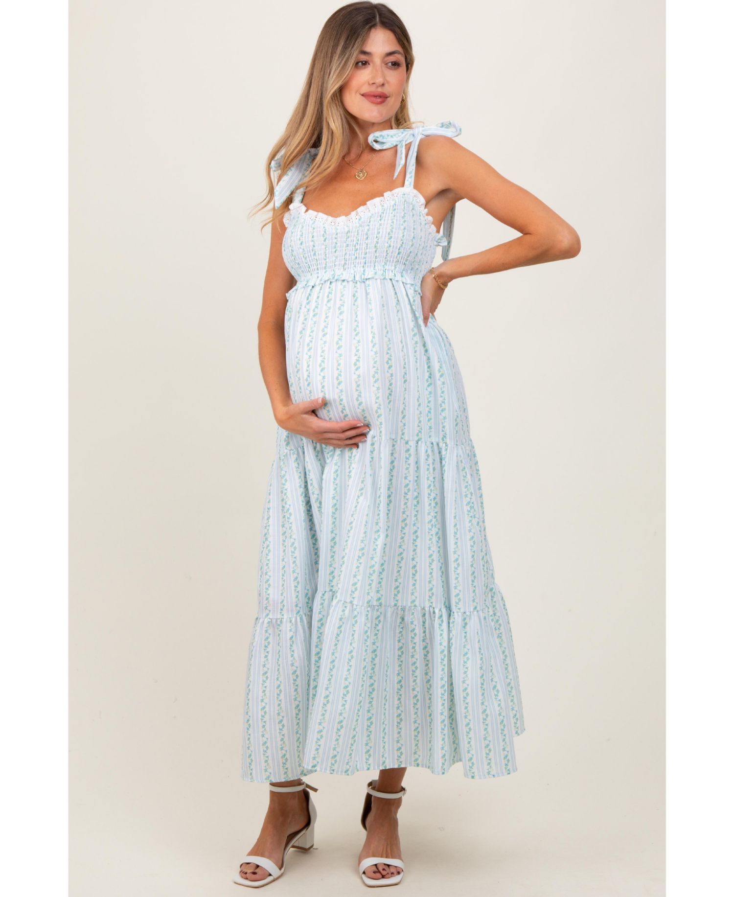 Women's Floral Striped Smocked Shoulder Tie Maxi Dress