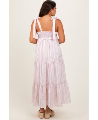 Maternity Floral Striped Smocked Shoulder Tie Maxi Dress