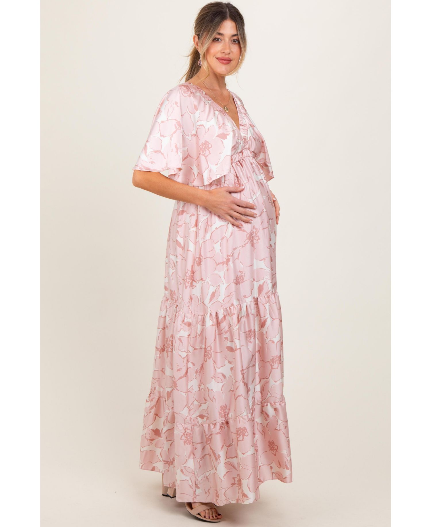 Maternity Floral Short Sleeve Deep V-Neck Tiered Maternity Maxi Dress