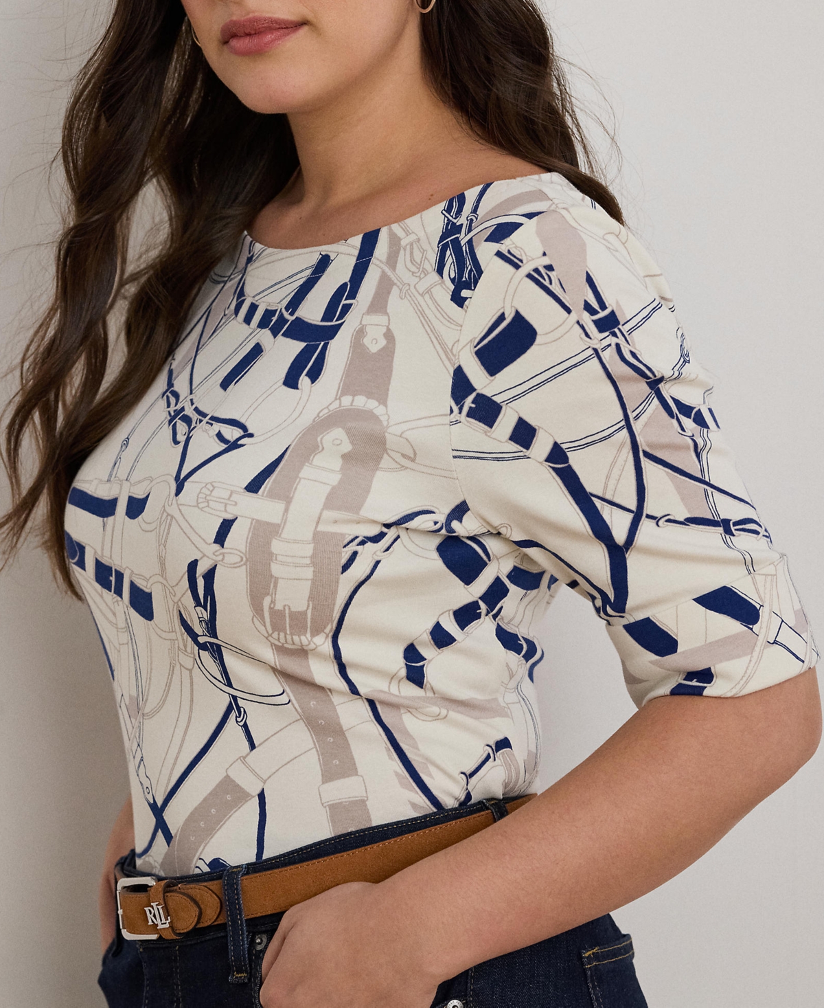 Ralph Lauren Belting-print Cotton Boatneck Tee In White