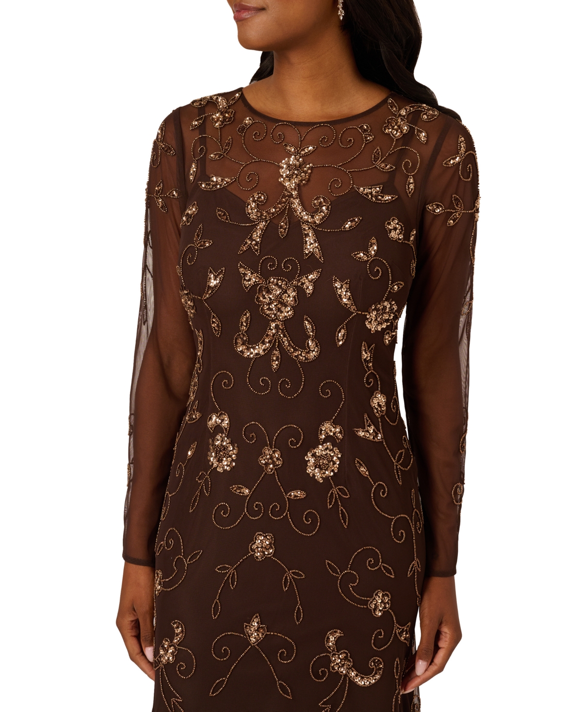 Adrianna Papell Beaded Mesh Gown In Brown