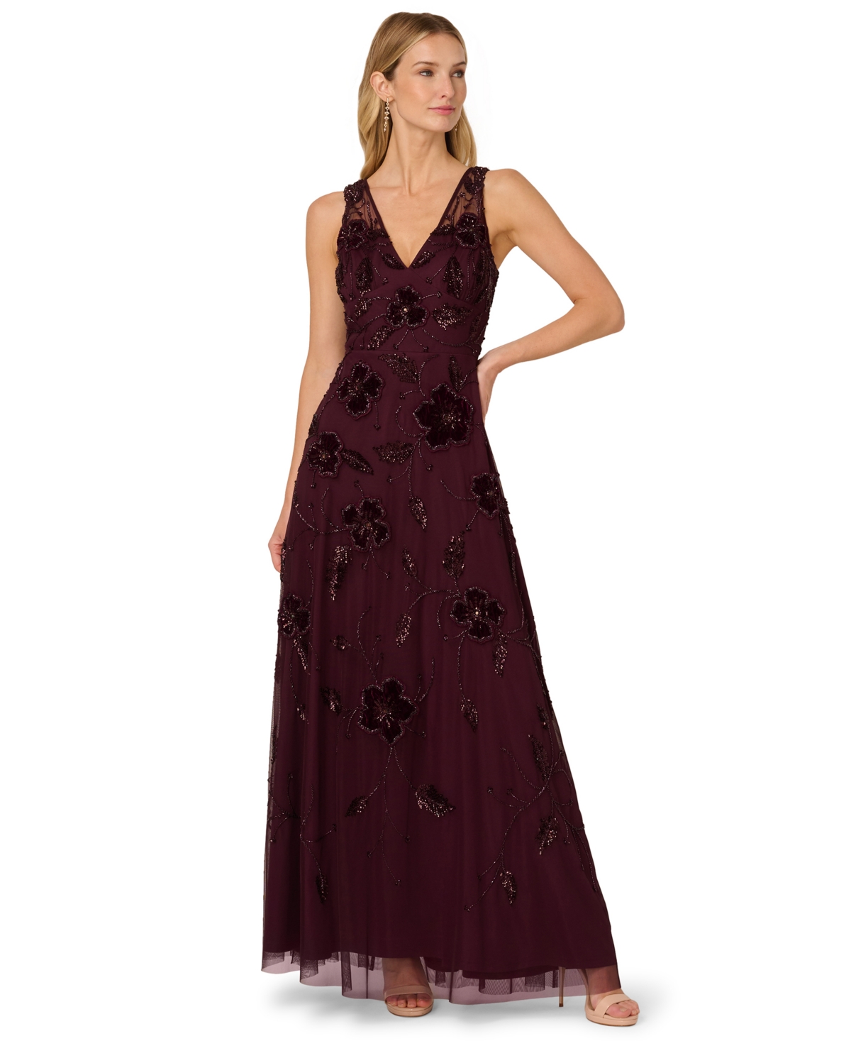 Adrianna Papell Beaded Floral Velvet Gown In Burgundy