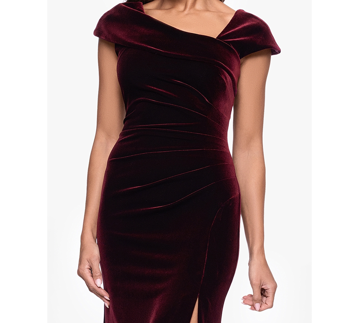 Xscape Petite Stretch Cap Sleeve Long Dress In Burgundy