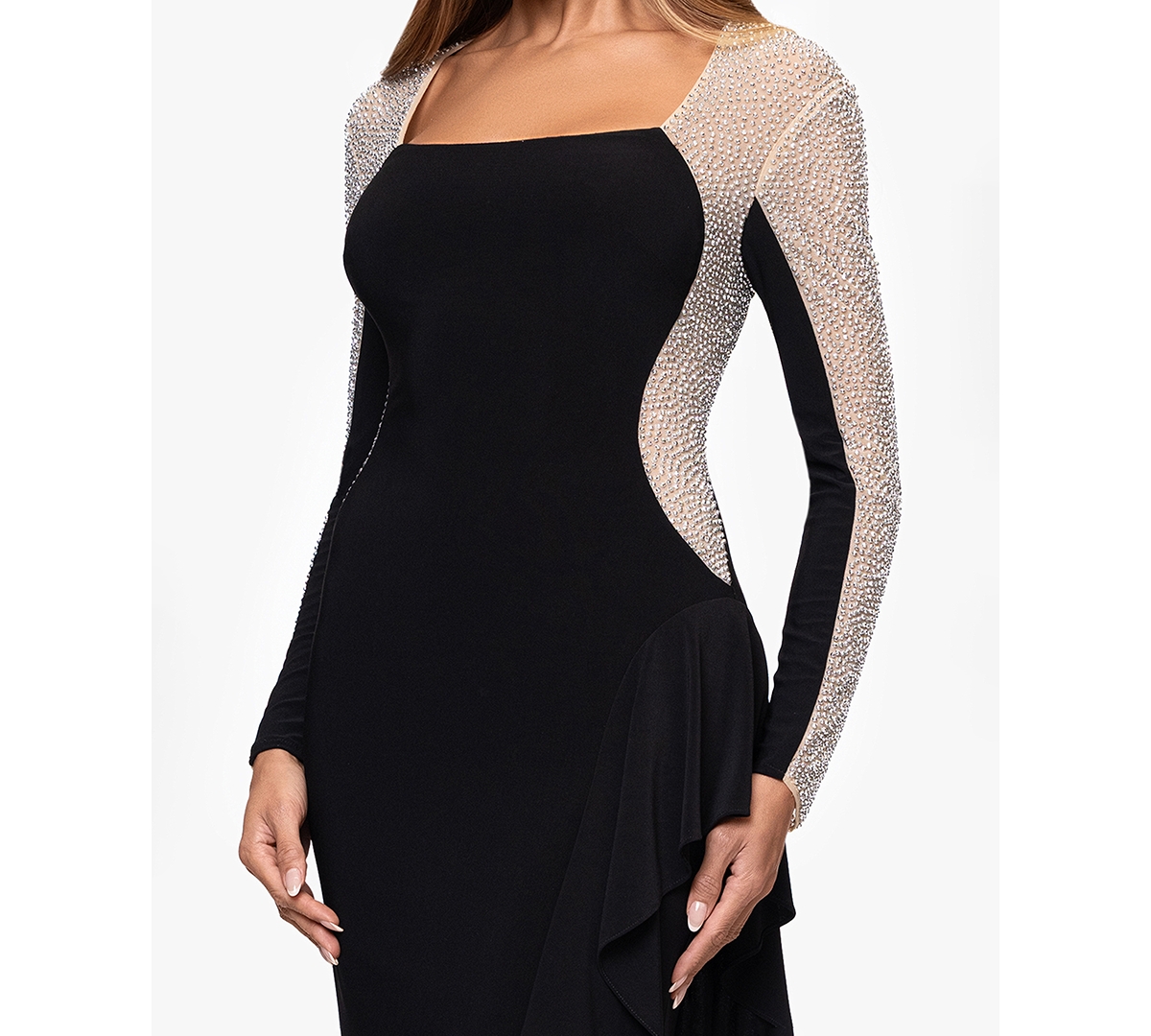 Xscape Petite Long Beaded Sleeve Dress In Black