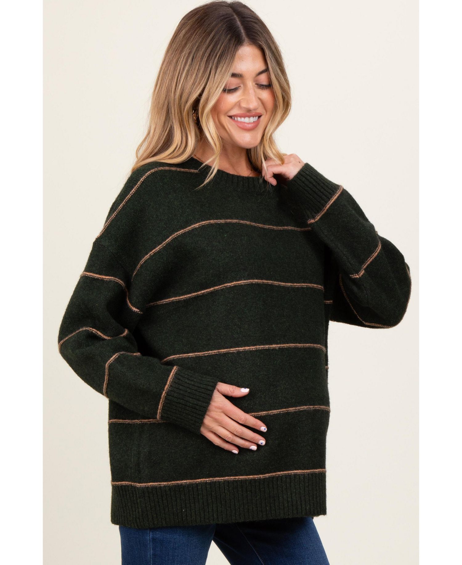 Women's Olive Striped Drop Shoulder Sweater