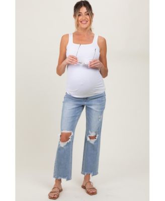 Light Blue Distressed Cutout Maternity Straight Leg Ankle Jeans
