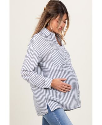 Maternity Navy Striped Double Pocket Button Down Top