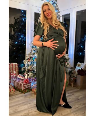 Maternity Green Side Slit Satin Maternity Maxi Dress