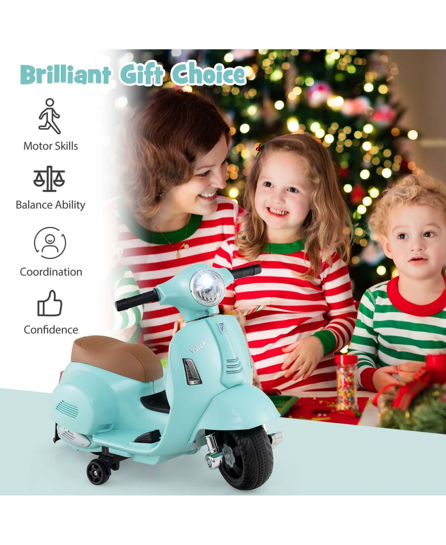 Детская игрушка Costway Vespa Battery-Powered 6V Kids Ride-On Motorcycle with Training Wheels, 55 lbs Capacity, Ages 18-36 Months, цвет: Зелёный — фото 8
