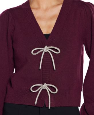  Women's Rhinestone-Bow Hidden-Snap Cardigan Sweater