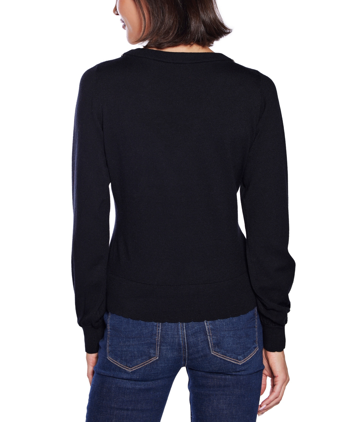 Belldini Women's V-neck Rhinestone-bow Sweater In Black