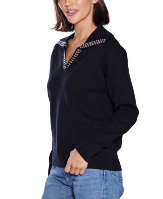Rhinestone-Trimmed Split-Neck Sweater