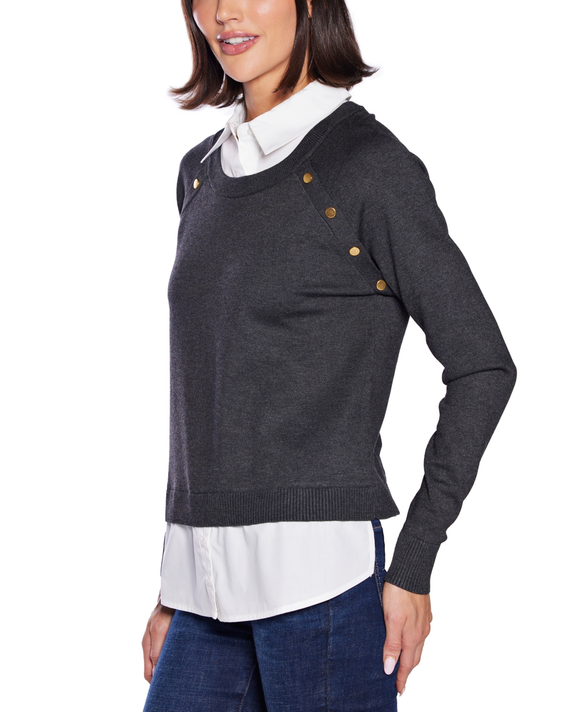 Belldini Women's Layered-look Rivet-trim Sweater In Gray