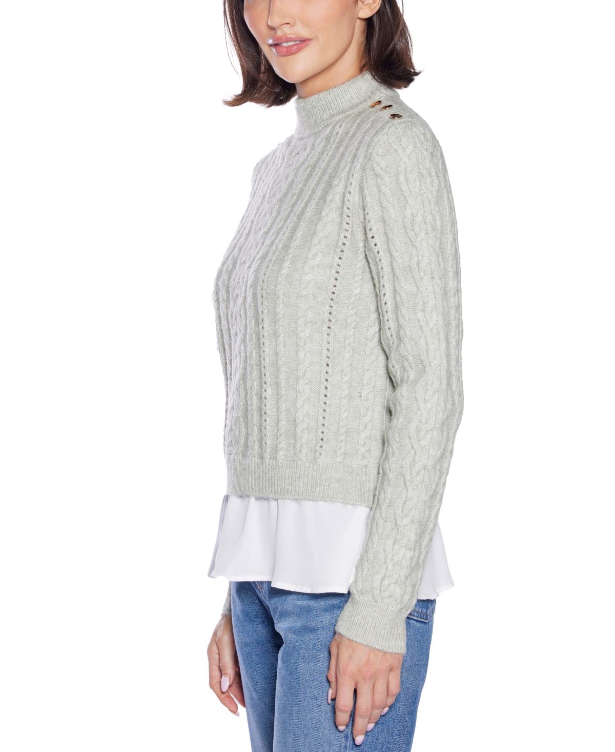 Belldini Women's Black Label Chiffon-hem Cable Sweater In Gray