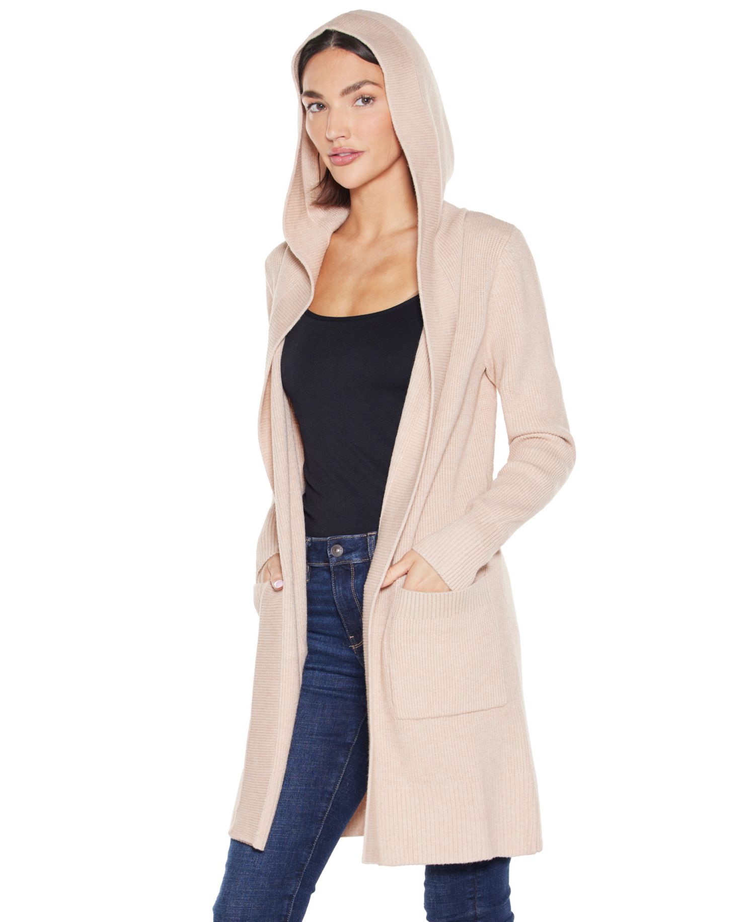 Women's Hooded Novelty-Stitch Coatigan Sweater