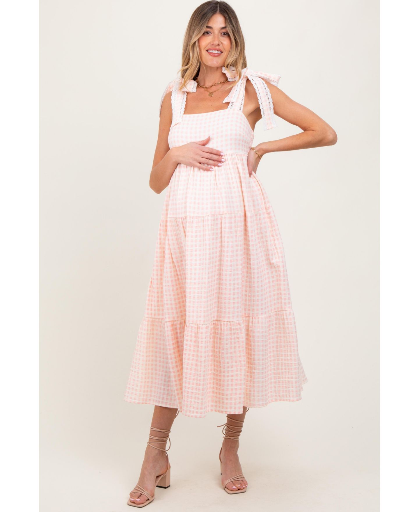 Женское платье Pinkblush Light Pink Gingham Lace Trim Shoulder Tie Maxi, цвет: Светлый розовый — фото 1