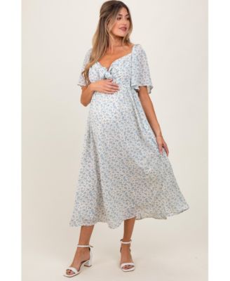 Blue Floral Front Tie Maternity Midi Dress
