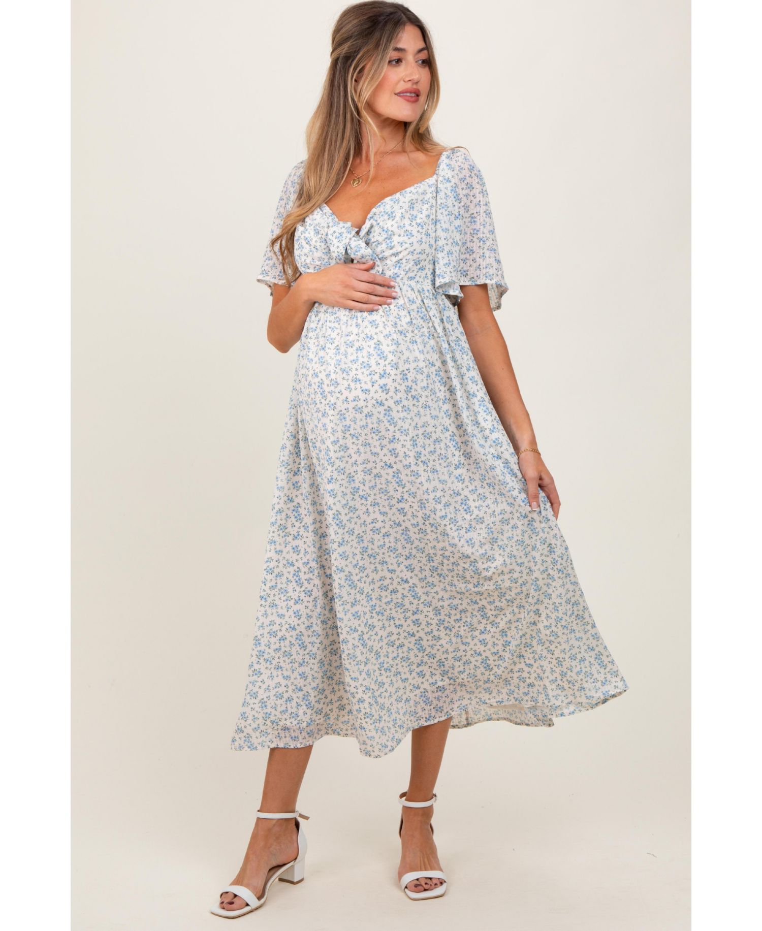 Women's Blue Floral Front Tie Midi Dress
