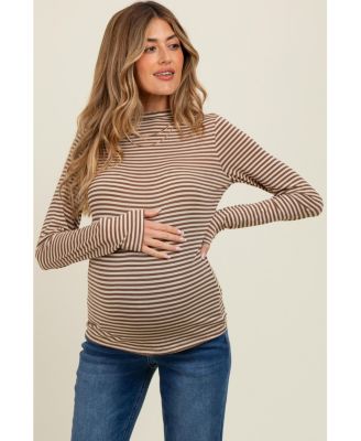 Mocha Striped High Neck Maternity Long Sleeve Top