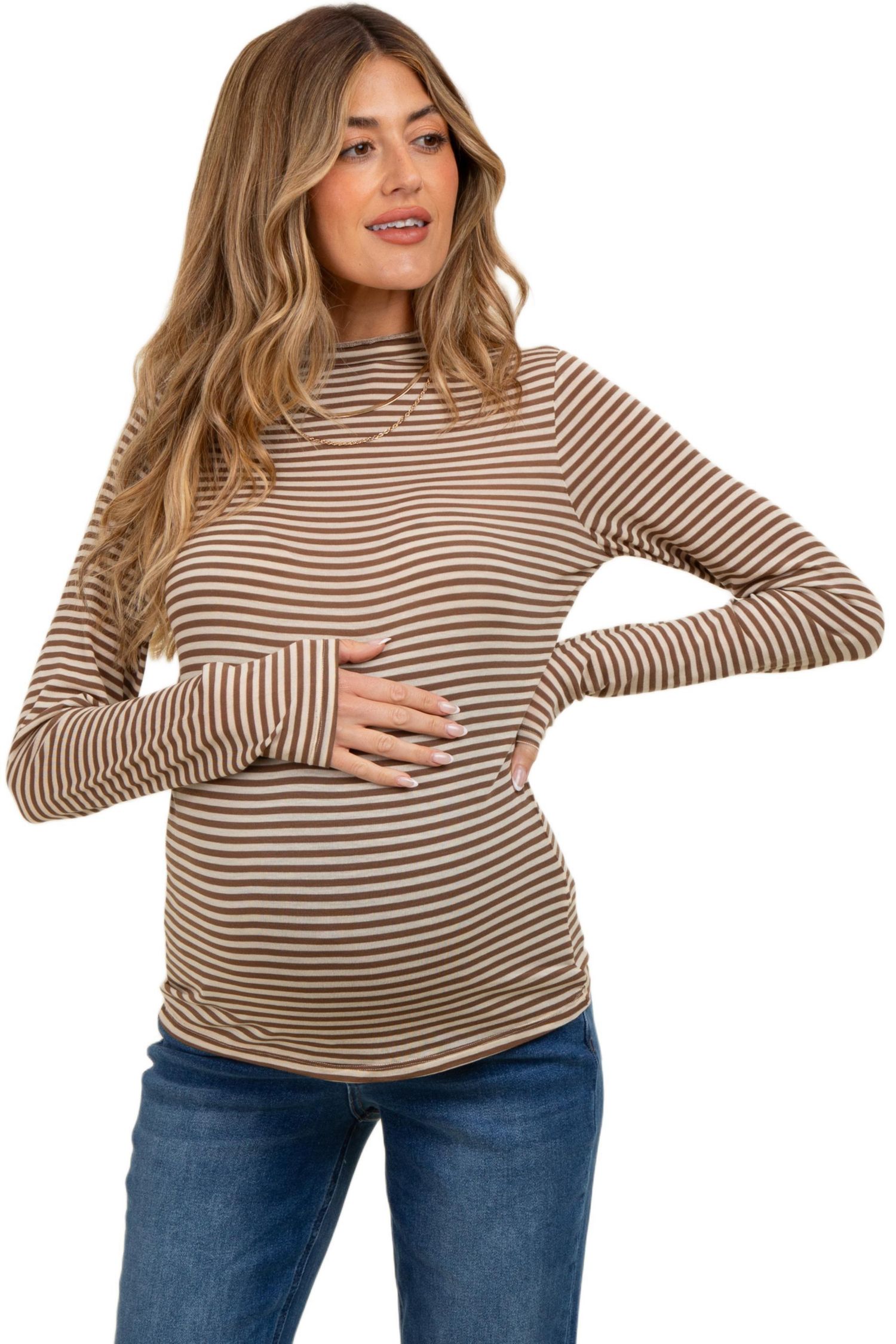 Women's Mocha Striped High Neck Long Sleeve Top