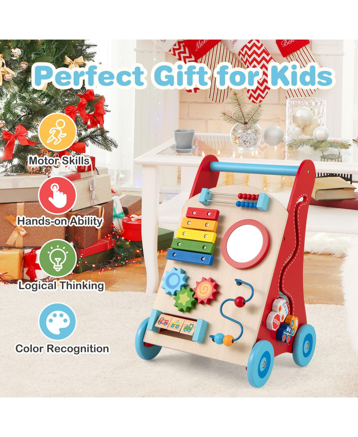Wooden Baby Walker Baby Push Walker w/ Handle Storage and Wheels Walker Toy