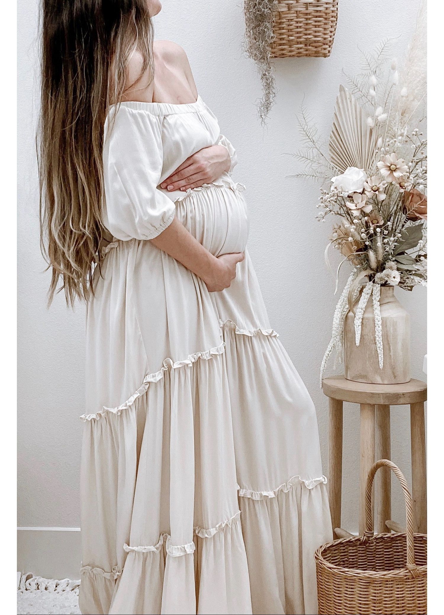 Women's Cream Off Shoulder Ruffle Tiered Maxi Dress
