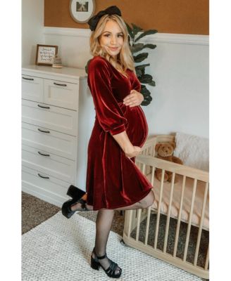 Maternity Green Velvet Wrap Front Babydoll Dress