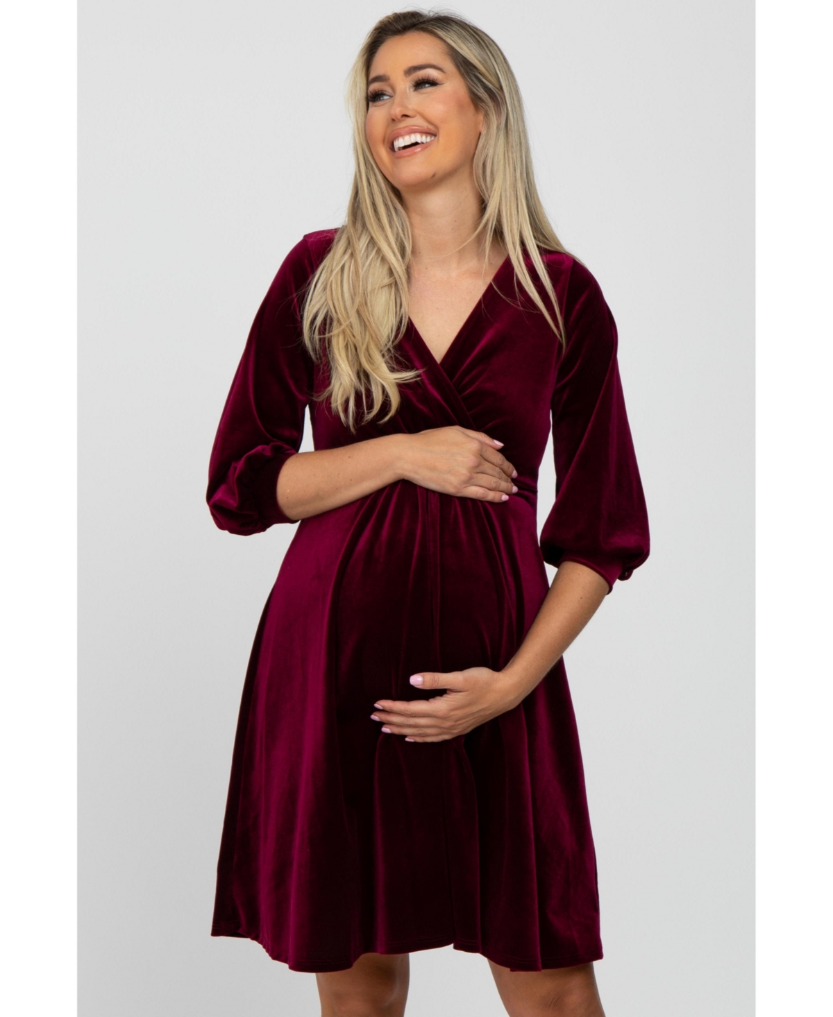 Pinkblush Burgundy Velvet Wrap Front Babydoll Maternity Dress