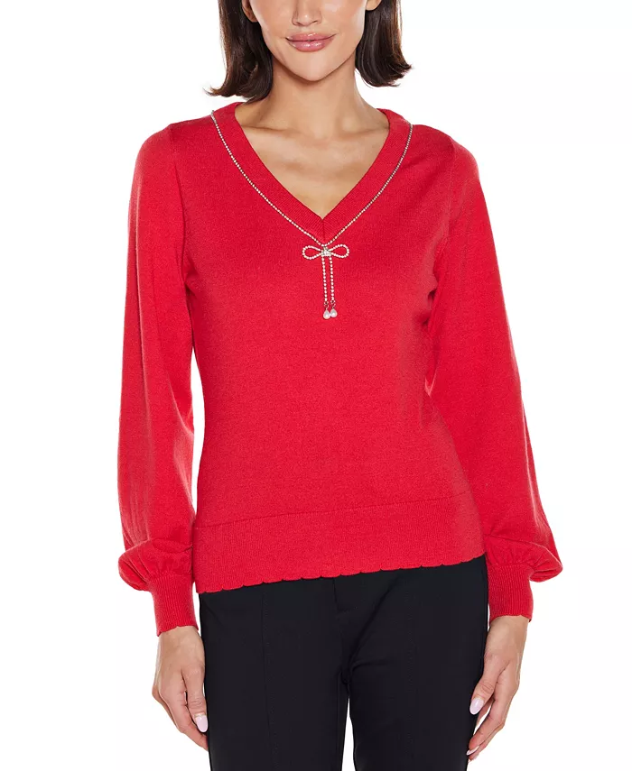 Women's V-Neck Rhinestone-Bow Sweater - thumbnail 3