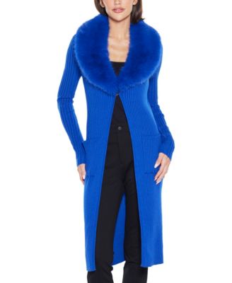 Black Label Women's Ribbed Faux-Fur Collar Duster Cardigan Sweater