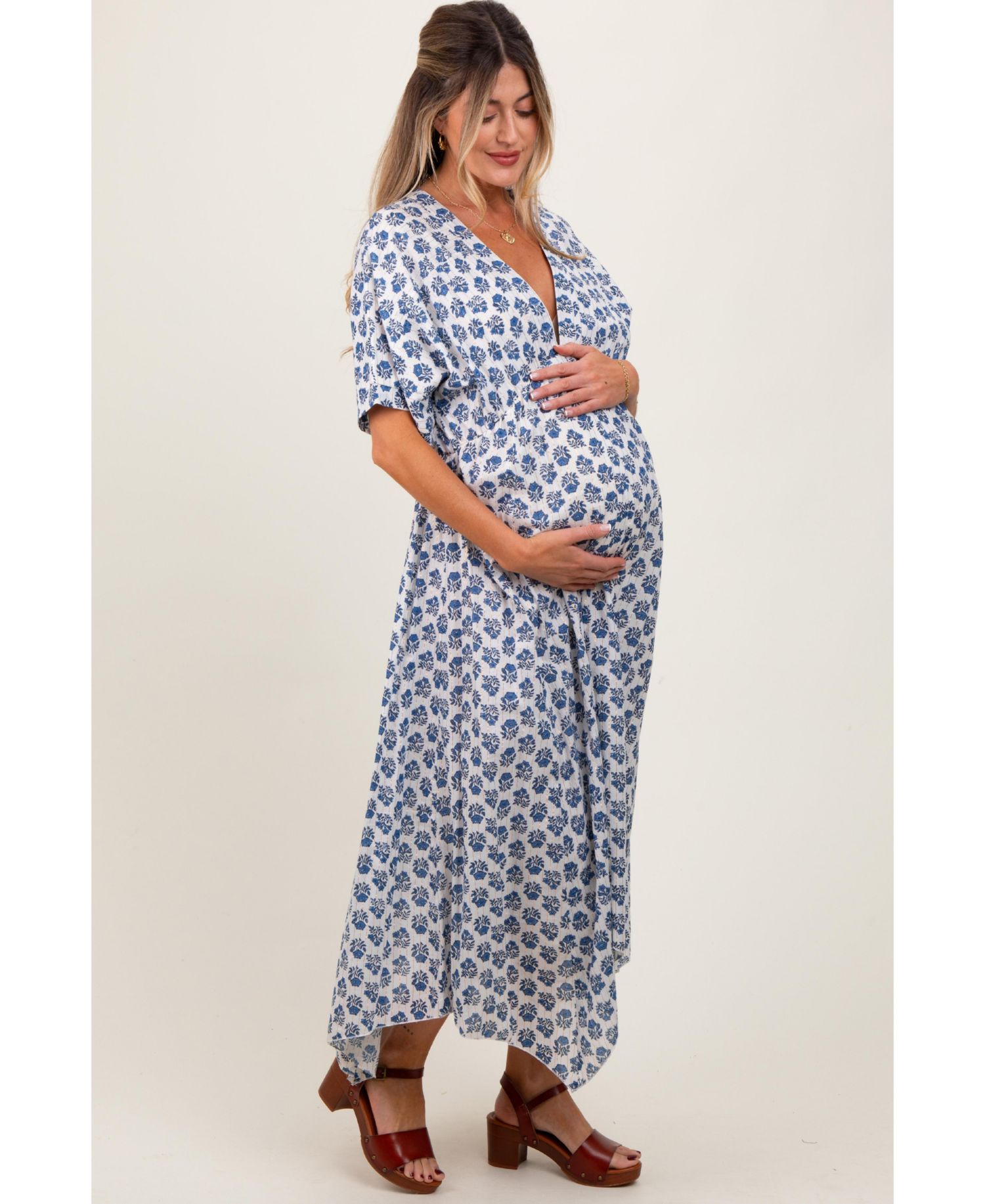 Navy Floral Deep V-Neck Handkerchief Hem Maternity Maxi Dress