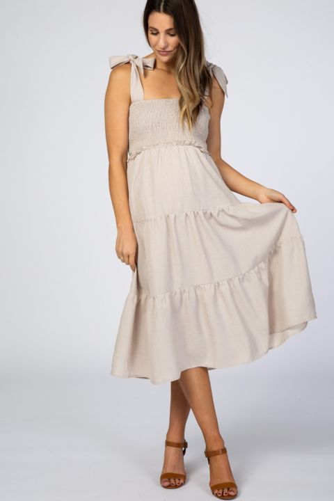 Женское платье Pinkblush Rust Bow Strap Tiered Midi, цвет: Бежевый