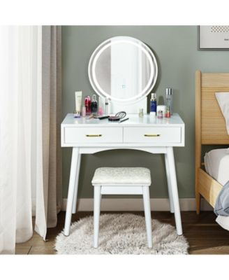 Small Vanity Desk with Mirror and Lights, Makeup Table with 4 Drawers, Vanity Stool, Round Lighted Mirror, 3 Color Modes, Dressing Table Set
