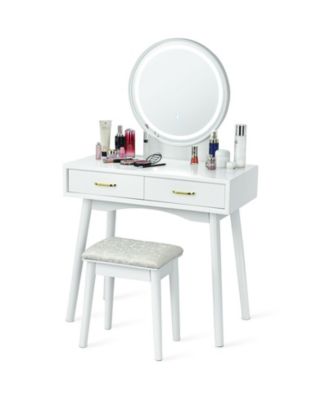 Small Vanity Desk with Mirror and Lights, Makeup Table with 4 Drawers, Vanity Stool, Round Lighted Mirror, 3 Color Modes, Dressing Table Set
