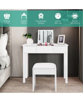 2-Pc. Wood Flip-Top Mirror Vanity Dressing Table Set with Cushioned Stool