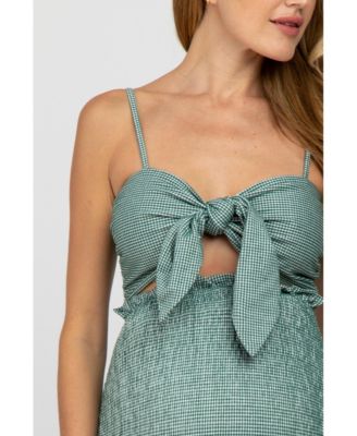 Women's Green Gingham Print Smocked Fitted Self-Tie Maternity Midi Dress