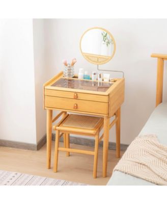 Bamboo Makeup Vanity Table with Stool and Rotating Mirror