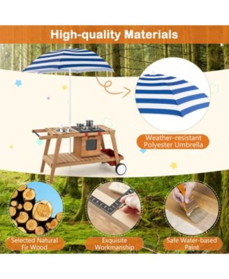 Kid's Play Trolley Outdoor Wooden Kids Play Cart with Sun Umbrella for Toddlers 3+