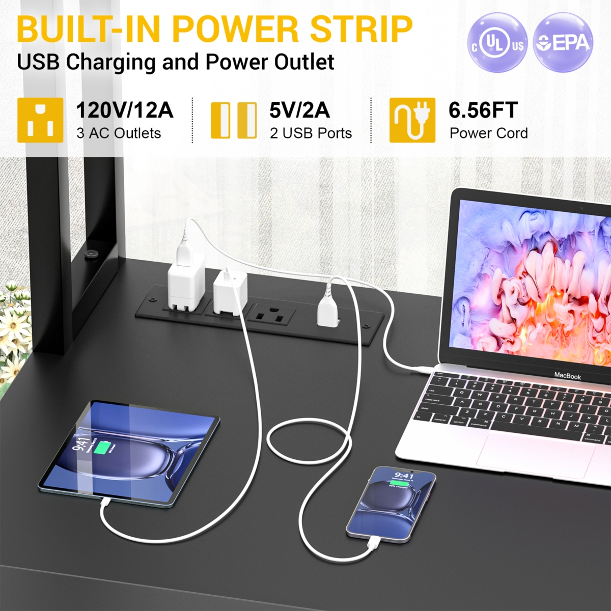 Aheaplus L-Shaped Desk with Hutch & Power Outlet, Corner Computer Led Lights