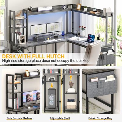 L-Shaped Desk with Hutch & Power Outlet, Corner Computer Desk with Led Lights