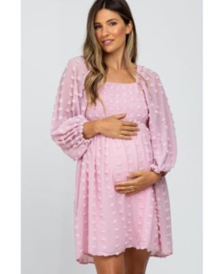 Maternity Pink Textured Dot Smocked Square Neck Chiffon Dress