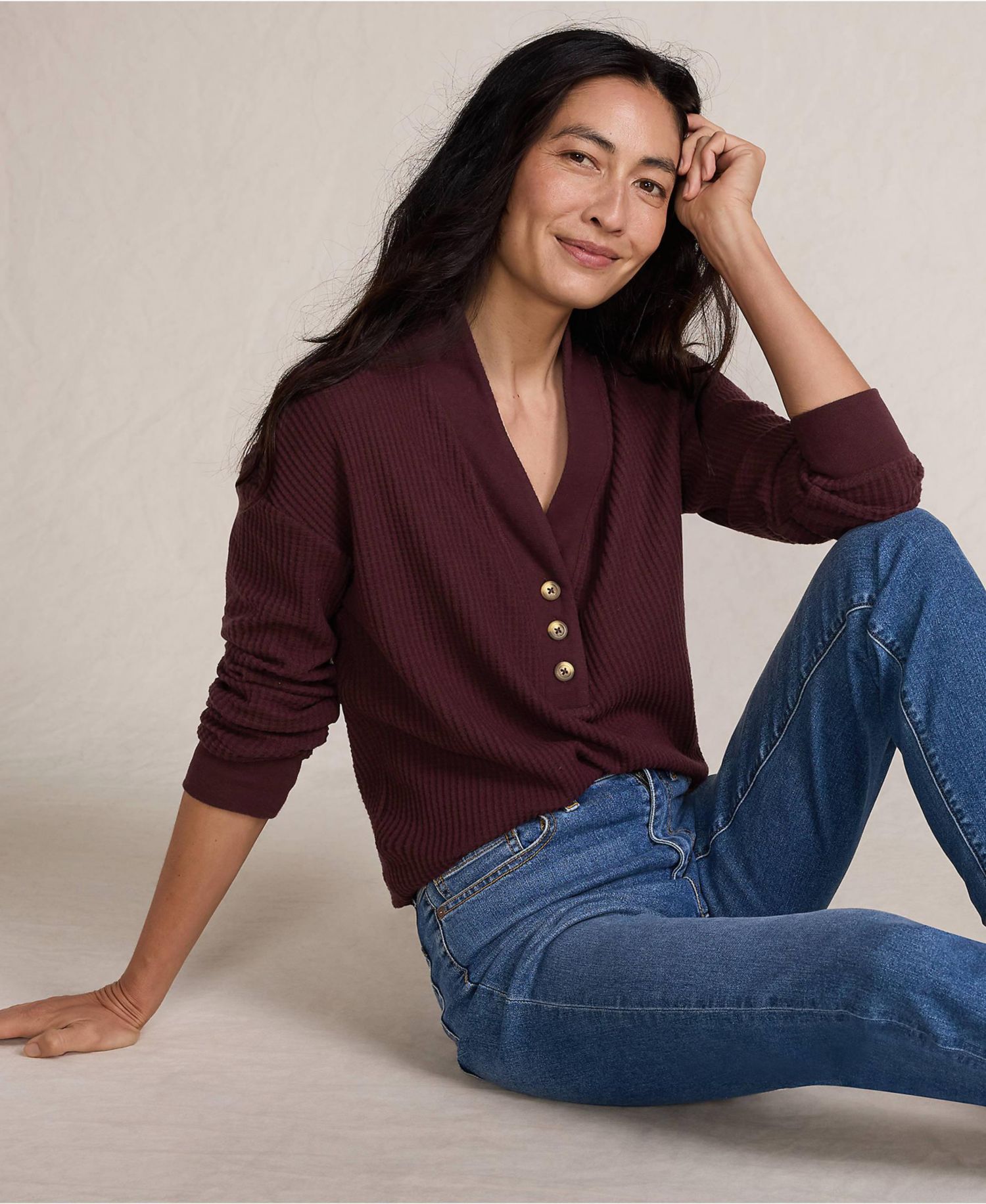Women's Long Sleeve Waffle Shawl Collar Henley