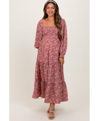 Mauve Floral Smocked Square Neck Maternity Maxi Dress
