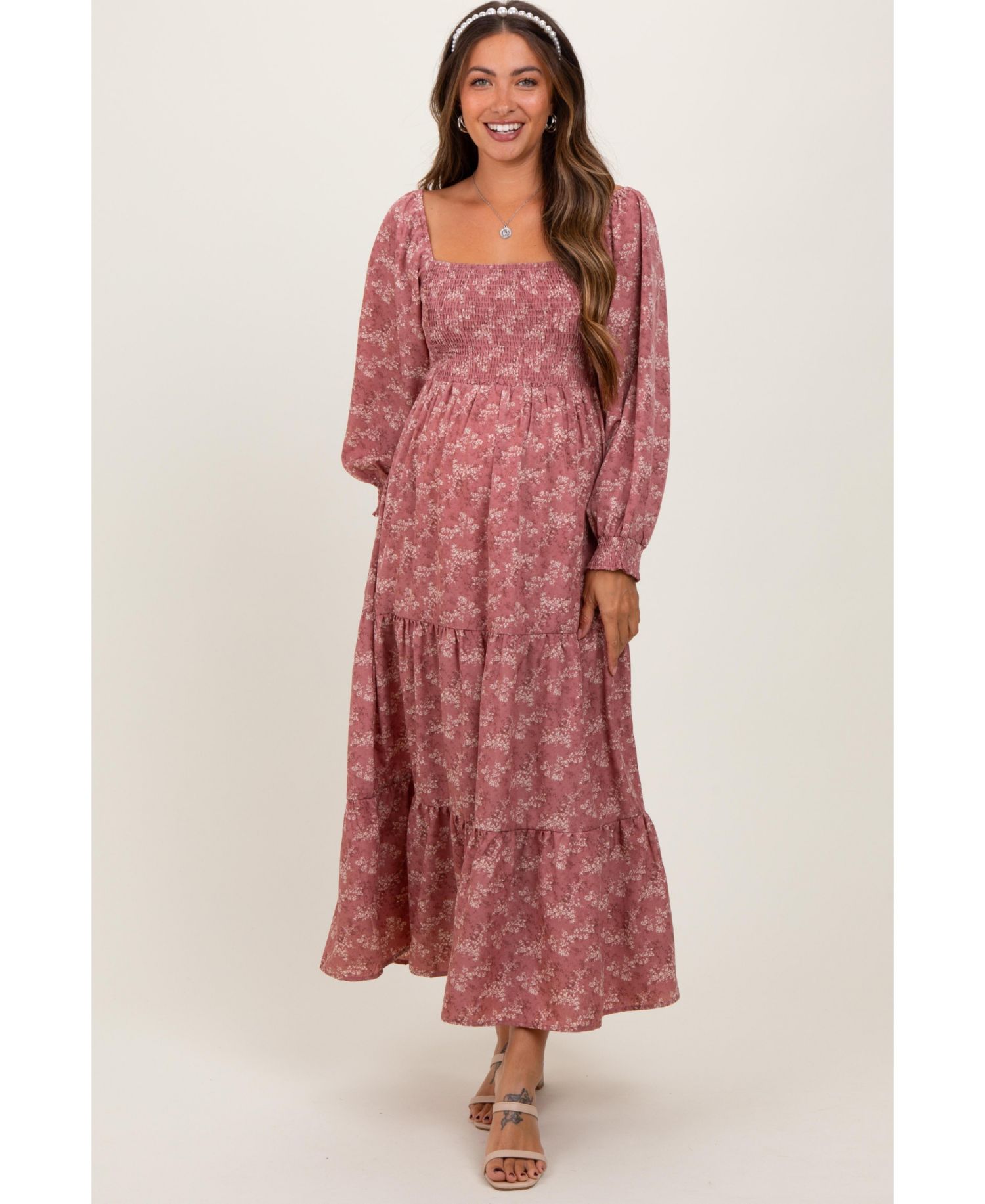 Women's Mauve Floral Smocked Square Neck Maxi Dress