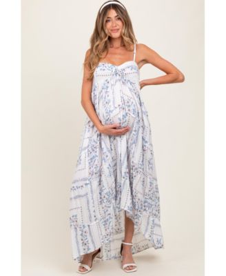 Light Blue Hi-Lo Spaghetti Strap Patchwork Ruffle Maternity Maxi Dress