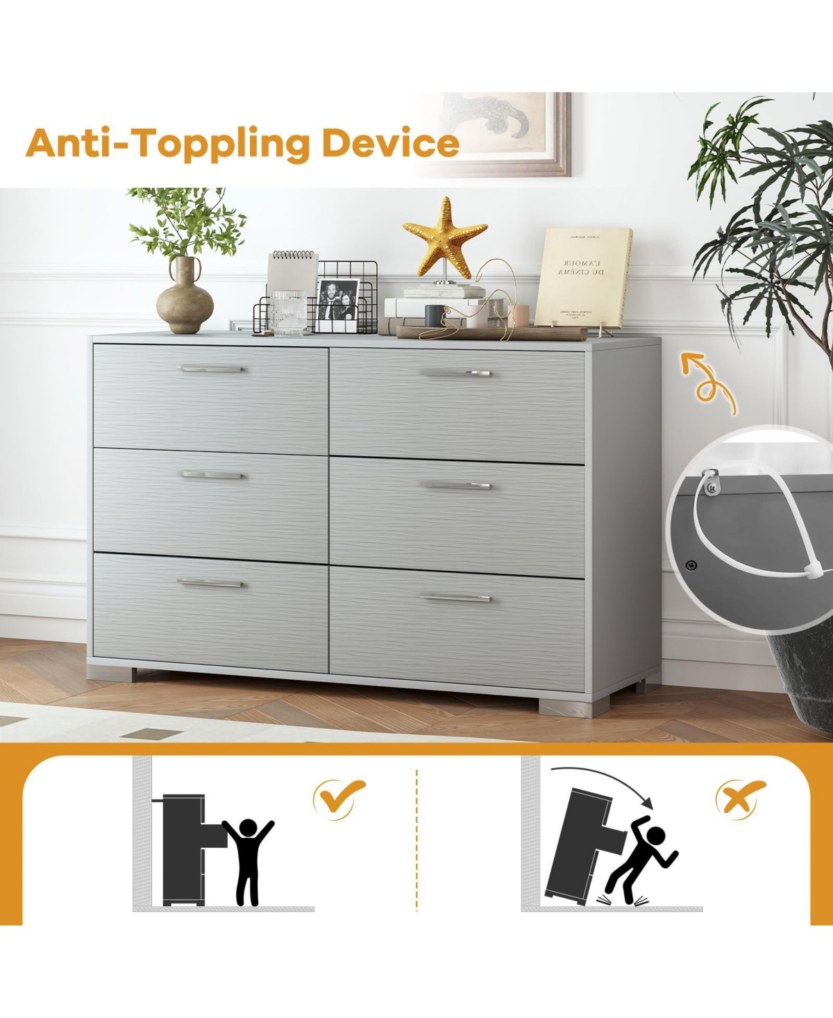 Volenca 6 Drawer Storage Cabinet with Metal Legs Handles with Anti-Toppling Devices